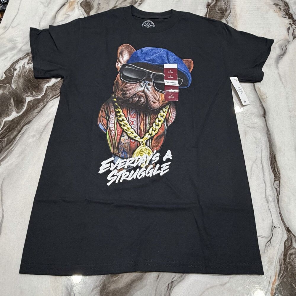 Humor Men's Rapper Bulldog "Everyday's A Struggle" Black Graphic Tee, Size S NWT